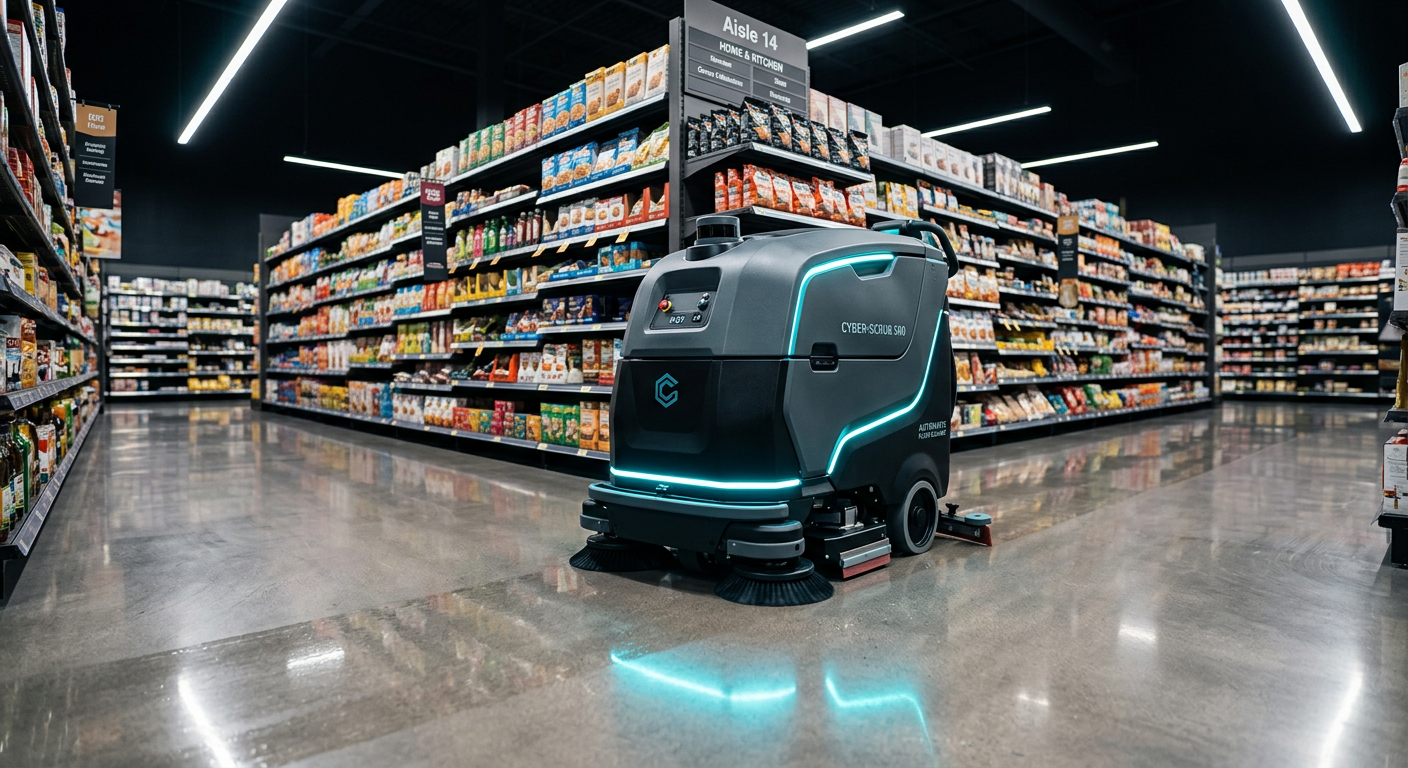 Autonomous commercial floor cleaning robot scrubbing a large supermarket aisle with cyan accent lighting and polished floor reflections