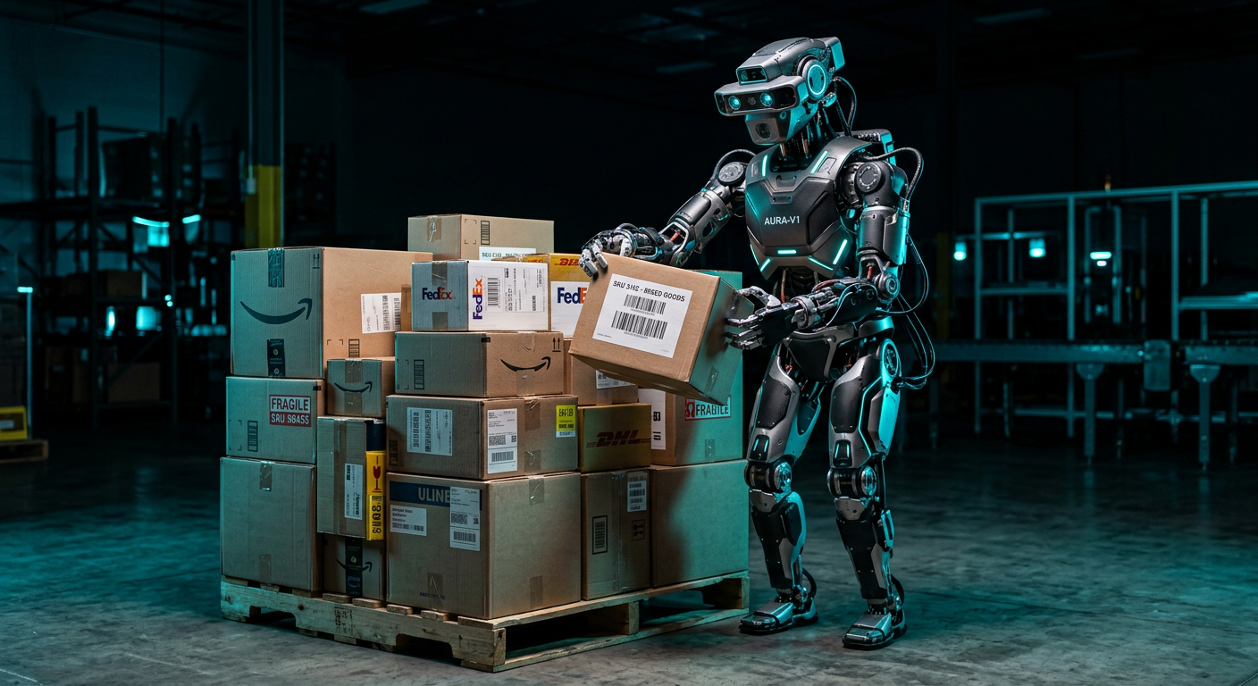 Humanoid embodied AI robot with 3D vision manipulating mixed SKU boxes on a pallet with cyan rim lighting